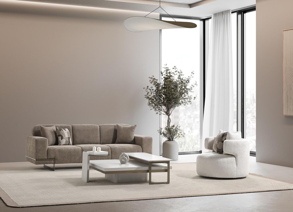 Beige Stoff Sofa und Sessel Set modern Elegant Wohnzimmermöbel