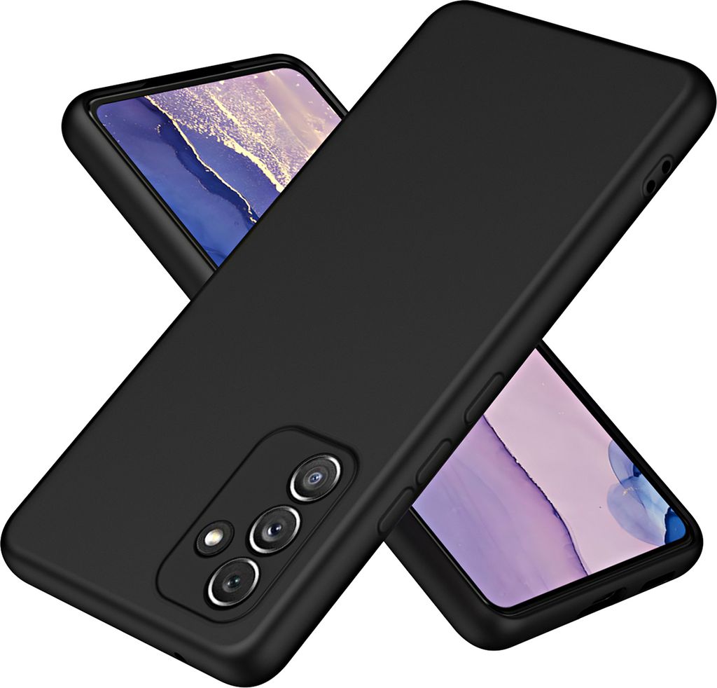 A black phone case is shown diagonally with two phones underneath it.