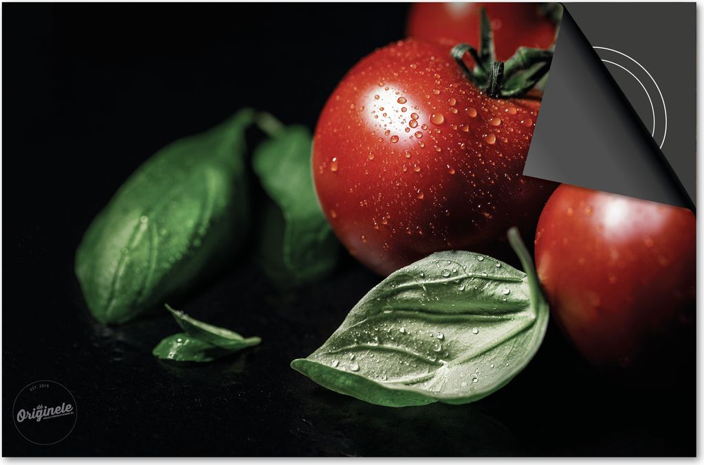 Induktionsschutz 71x52 - abdeckplatte Induktion matt- Dietrix Kochfeldschutz- Exklusive - Obst und Gemüse - Tomaten und Basilikum auf Schwarz
