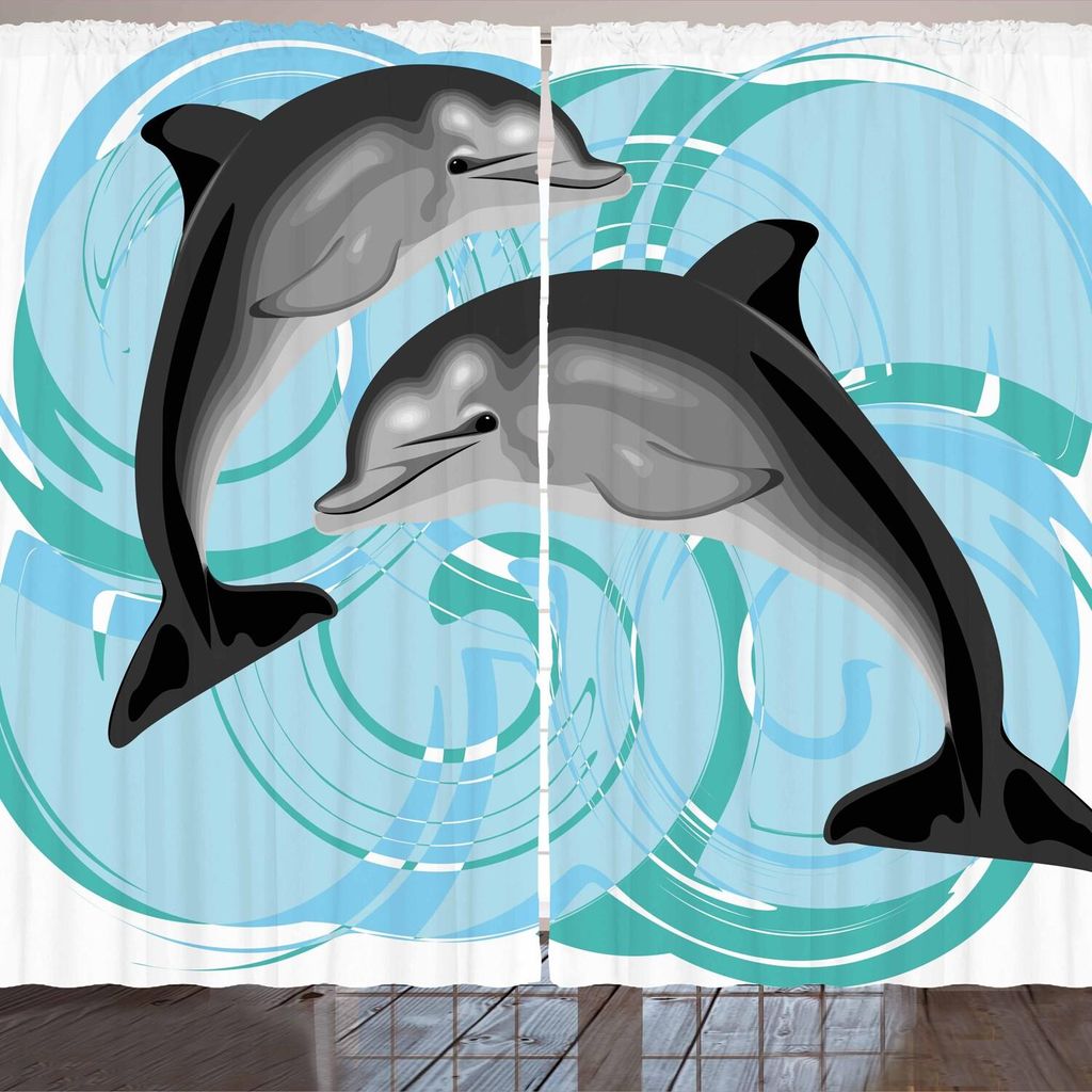ARANDE Delfin Gardine, Digital-Bild des abstrakten Ozean-themenorientierten SeeLebens zwei Delphin Friends Sea Print, 280 x 245 cm, Mehrfarbig