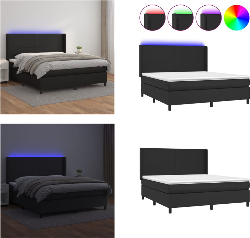 vidaXL Boxspringbett mit Matratze & LED Schwarz 180x200 cm Kunstleder - Boxspringbett - Boxspringbetten - Bett - Schlafzimmermöbel