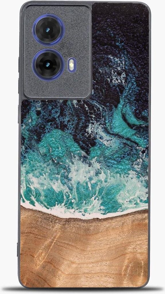 Holzhülle für Motorola Moto G85 5G, Bewood Unique Dream Island, Blau-Braun