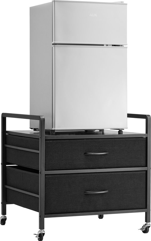 A mini-refrigerator is placed on top of a two-drawer storage unit with wheels.