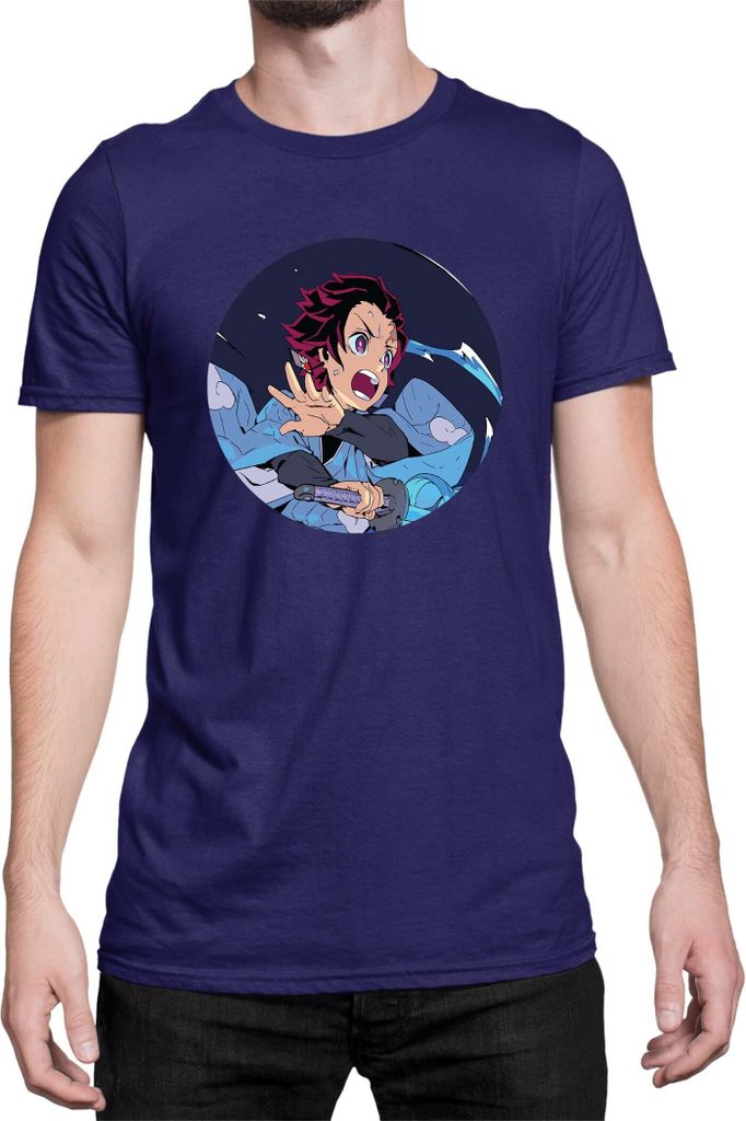 Herren T-Shirt Demon Anime Slayer Kimetsu No Yaiba Tanjiro Kamado 002, Man 3XL / Dunkelblau