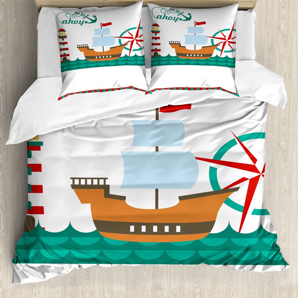 ABAKUHAUS AHOI Sein EIN Junge Bettbezug, Boot AHOI Kompass, Milbensicher Allergiker geeignet mit Kissenbezügen, 200 cm x 200 cm - 80 x 80 cm, Teal...