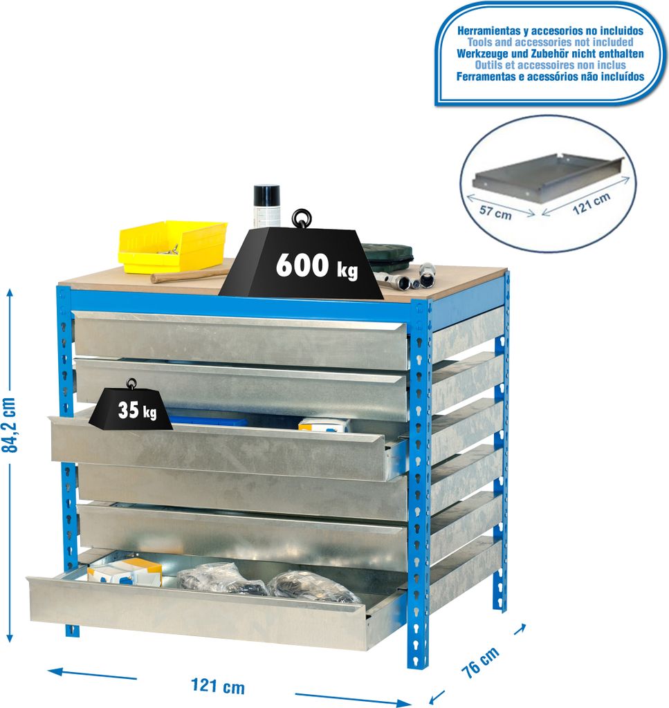 Simonrack Werkbank SIMONWORK BT5 BOX blau 6 Schubladen 121,0 x 76,0 x 84,2 cm