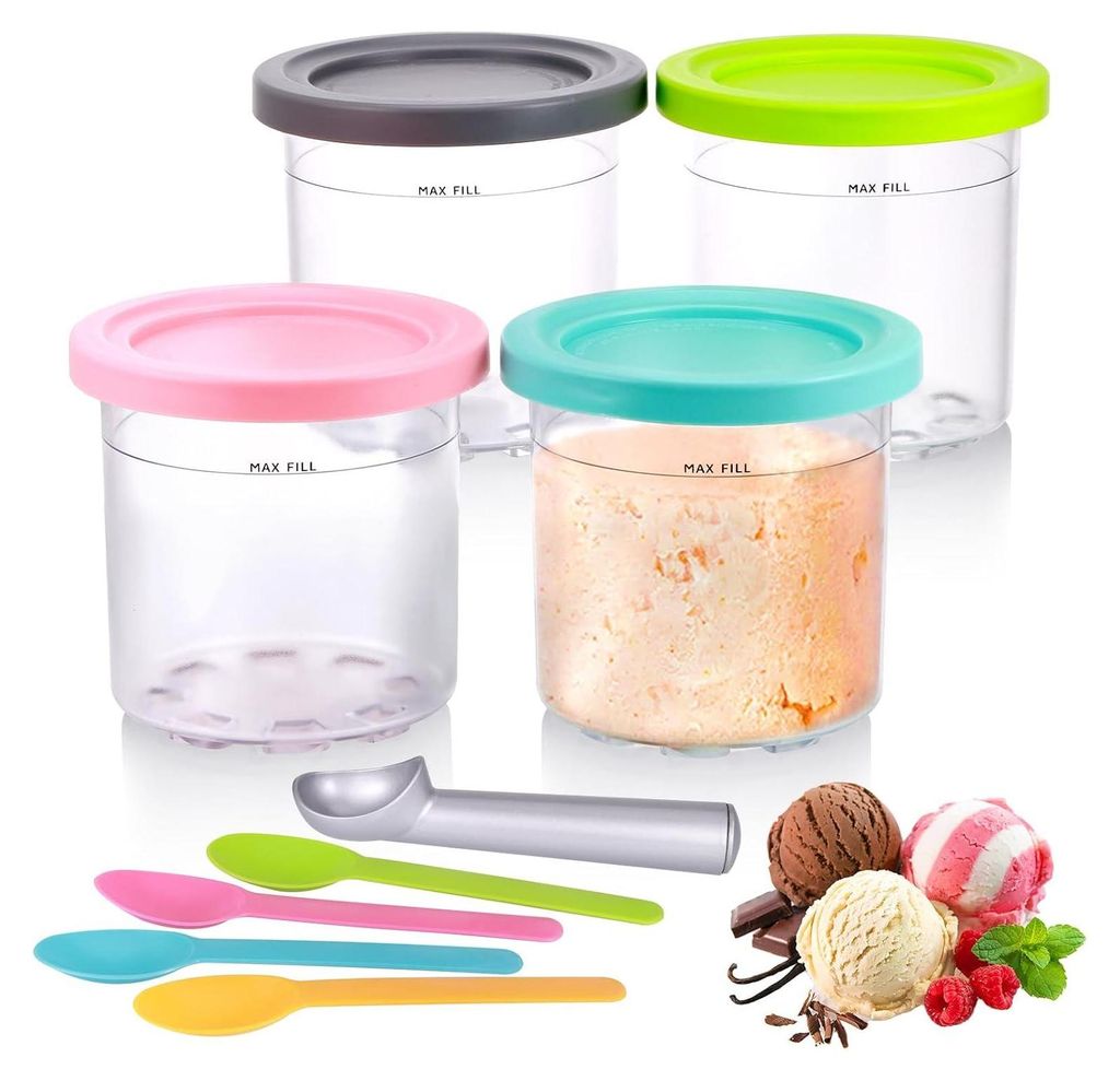 A set of four ice cream containers with different colored lids, an ice cream scoop, and several small spoons, along with a small arrangement of ice cream scoops and garnishes.