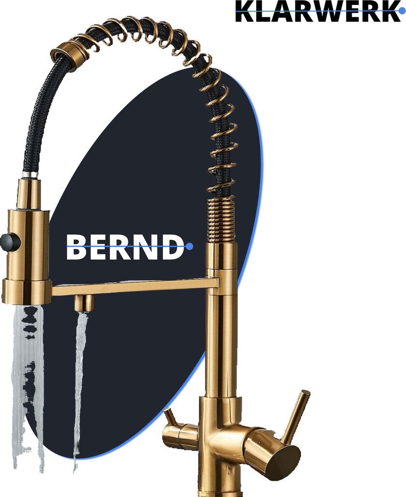 Bernd | 3 Wege Gastronomie Gold gebürstet Filtermatur | Feder Edelstahl Osmose Wasserhahn Küche | Restaurant Mischbatterie 360° drehbar 2 Anschl...