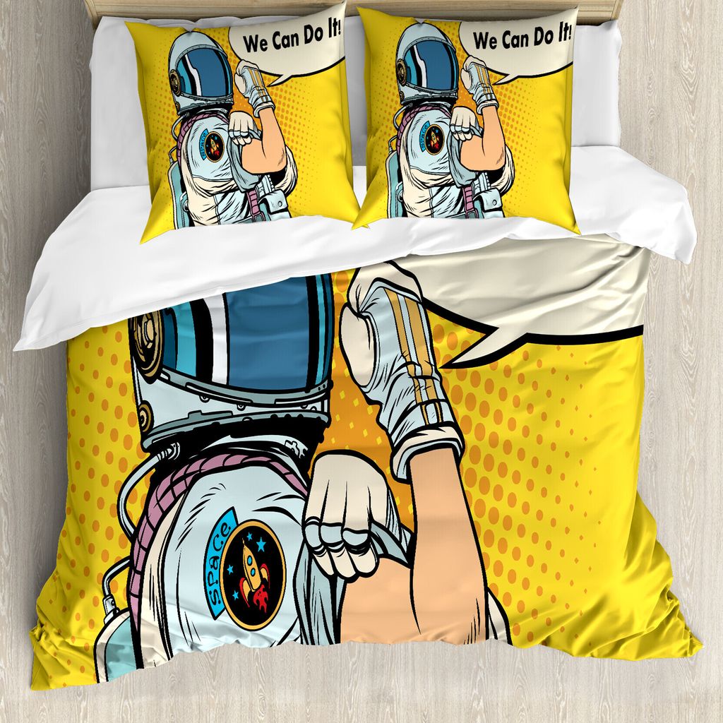 ABAKUHAUS Astronaut Bettbezugs Set Für Doppelbetten, We Can Do It Frauenpower, Milbensicher Allergiker geeignet mit Kissenbezügen, Mehrfarbig