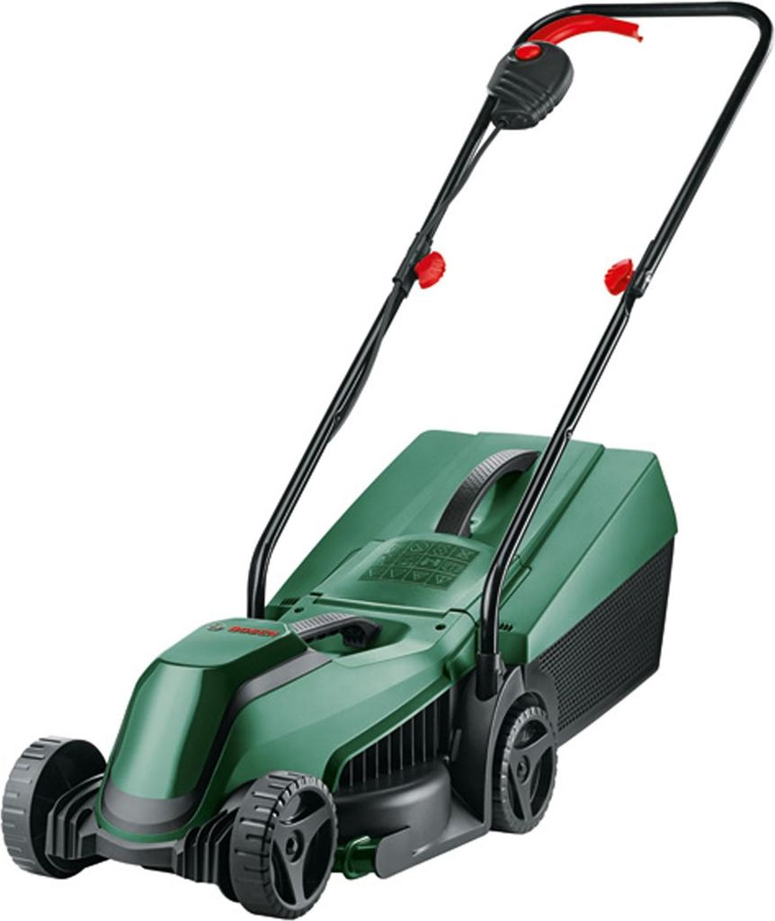 A green and black electric lawnmower is shown against a white background.