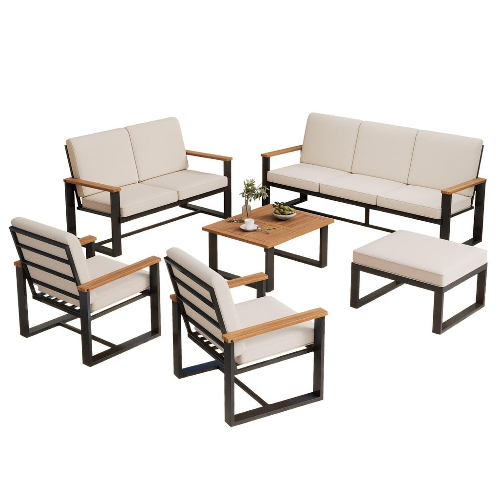 Gartenmöbel-Set,Garten-Loungesessel-Set(3-Sitzer-Sofa+2-Sitzer-Sofa+2 1-Sitzer-Sofas,Couchtisch+Fußhocker)Tischplatte aus Akazienholz,schlichte D...