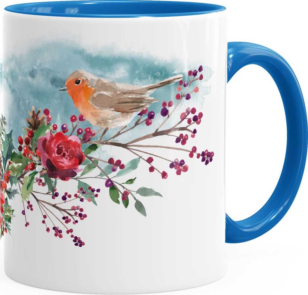 Kaffeetasse Vogel Rotkehlchen Blumen Misteln Watercolor Bird Weihnachten Christmas Weihnachtstase Weihnachtsbecher Autiga blau unisize