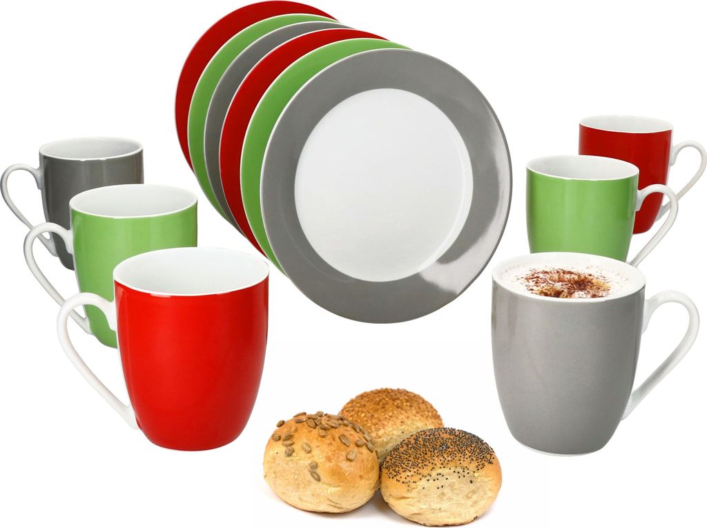 12tlg Frühstücksset Variant Trio Porzellan 6 Personen Teller klein Kaffeebecher