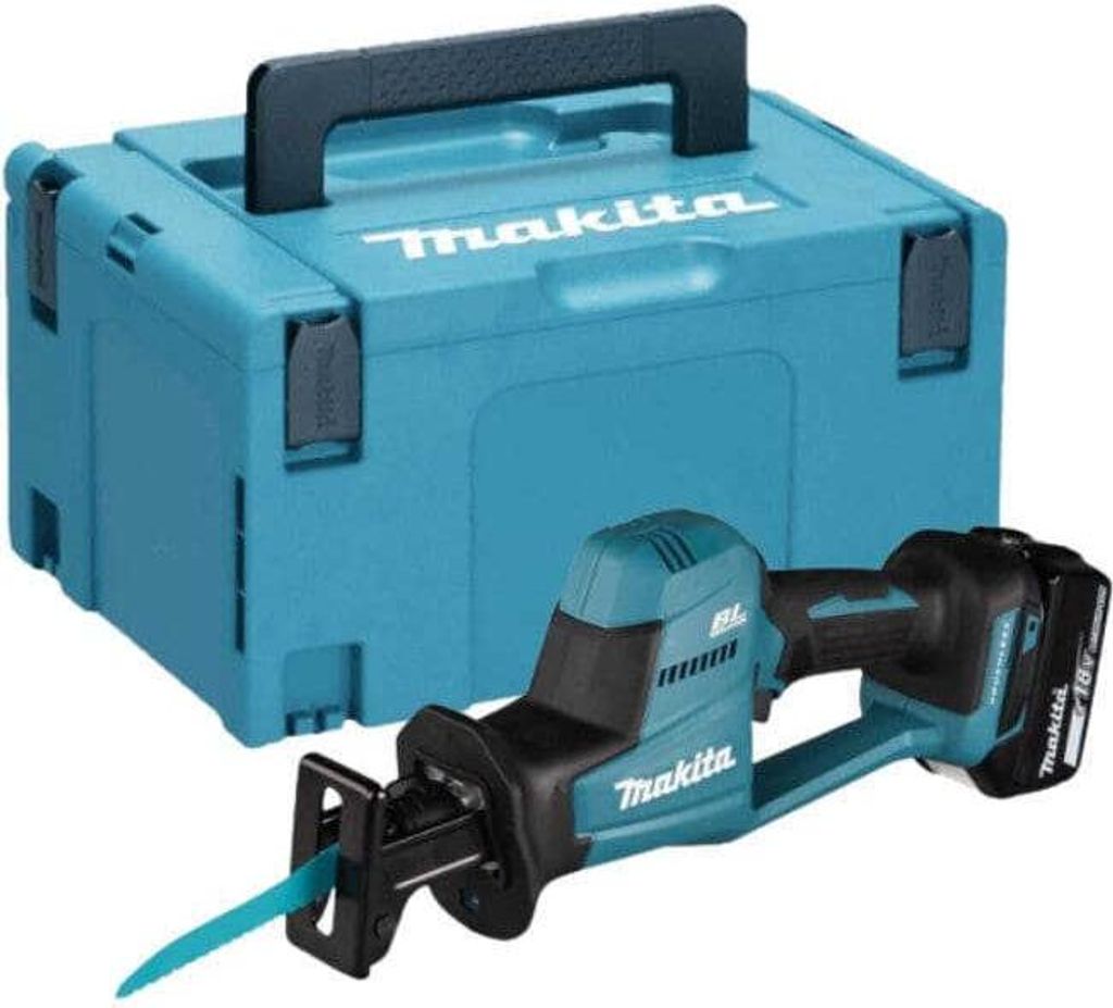 A teal and black reciprocating saw with a battery pack attached, next to a teal storage case with a black handle. The Makita logo is visible on both the saw and the case.