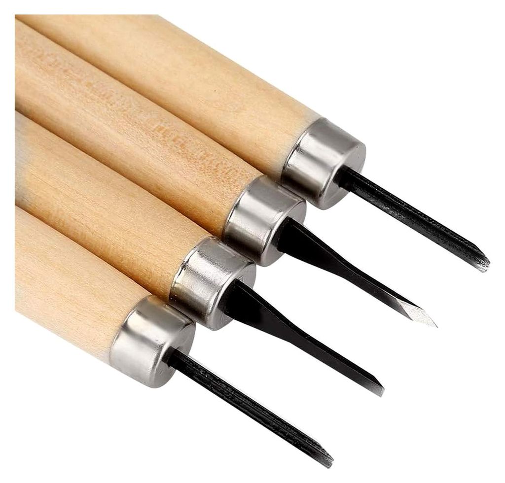 4-teiliges Set aus Holzschnitzmessern mit Handschärfer und Detailwerkzeugen