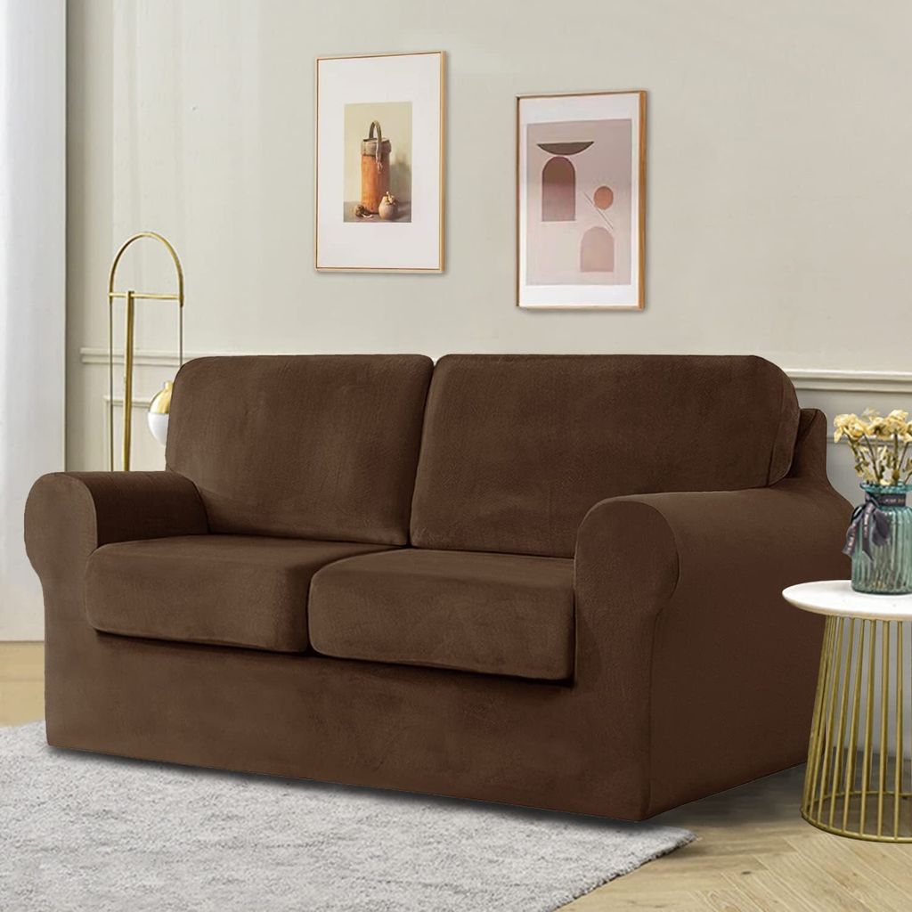 Samt-Stretch-Sofabezug mit separatem Rückenlehnenbezug und Sitzkissenbezug, Anti-Rutsch-Sessel-Sofa-Überzug mit Gummiband für Wohnzimmer (2-sitz...