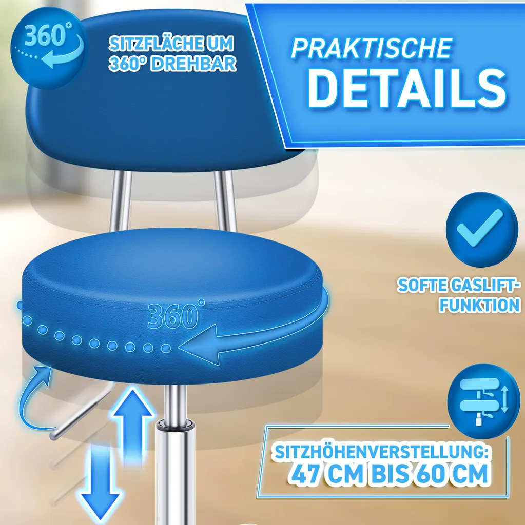 Tabouret de bureau à roulettes bleu idéal pour cabinet ou atelier - 5