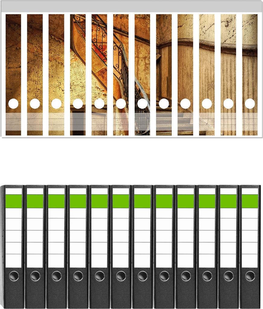 Wallario 12 Stück schmale Ordner inkl. Klebeetiketten mit Motive Rustikale Holztreppe - Set mit Rückenschildern / Ordnerrücken Stickern