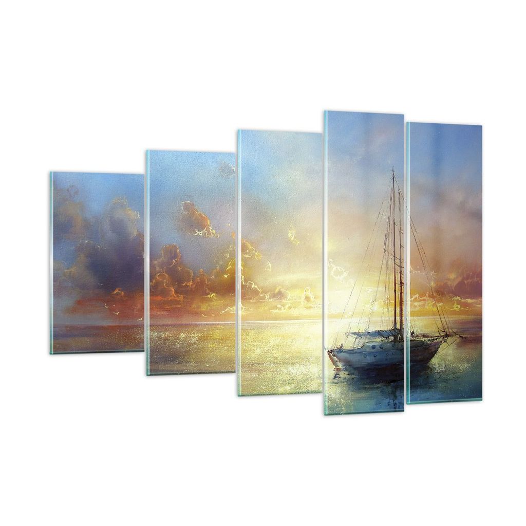 Bilder auf glas - 5 Teile - Segelboot Westen die Sonne - 150x100cm - Glasbilder - Wandbilder - Bilder - Wanddekoration aus Glas - Glas Bilder - Wan...