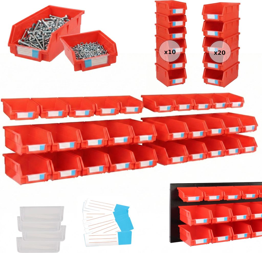 30 Stck. Stapelbox von botle fur Werkstatt Garage Stapelkiste Sortierbox 10 Stck. 105x110x48 mm und 20 Stck. 105x190x73 mm Rot Kunststoff Lagerboxe...