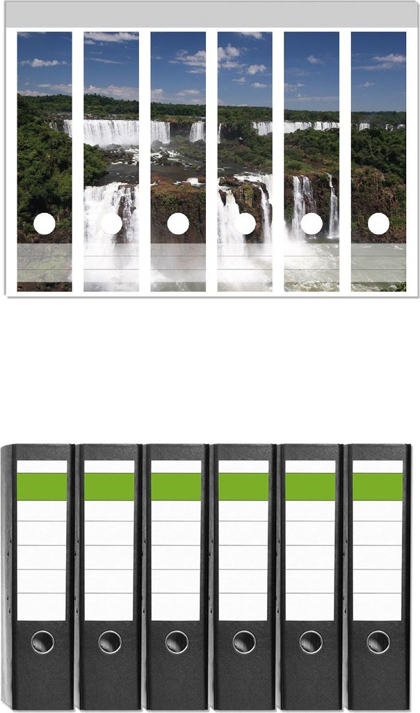 Wallario 6 Stück breite Ordner inkl. Klebeetiketten mit Motive Iguazu-Wasserfälle - Set mit Rückenschildern / Ordnerrücken Stickern