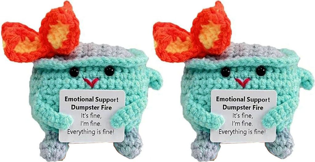 2 Stück positiver gehäkelter Flammen-Mülleimer mit ermutigender Karte, emotionale Unterstützung, handgefertigt, strickender Mülleimer, Puppend...