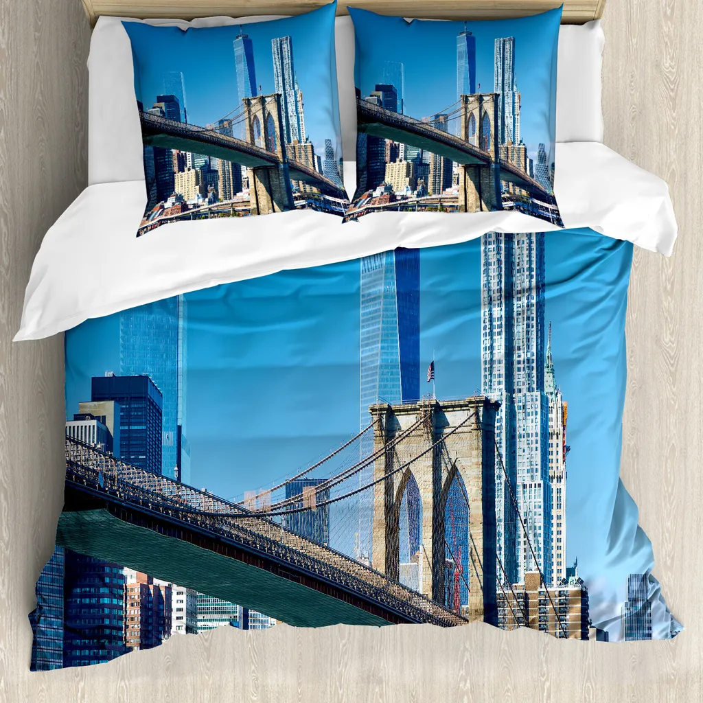 ABAKUHAUS Stati Uniti Copripiumino, Manhattan Zeichen, antiacaro, adatto a chi soffre di allergie, con federe, 200 cm x 200 cm - 80 x 80 cm, blu pallido Tan