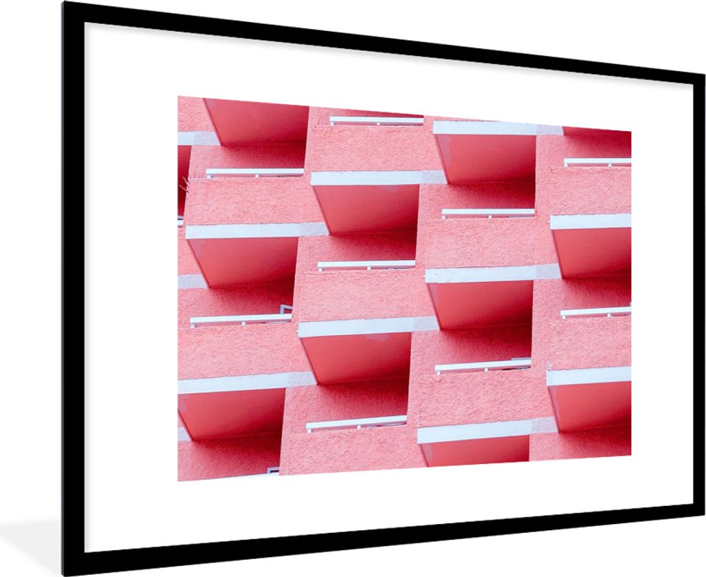 MuchoWow Gerahmtes Poster Rosa - Balkon - Sommer - Architektur 90x60 cm - Poster mit Schwarzem Bilderrahmen Wandposter Rahmen Foto Bilder - Wandd...
