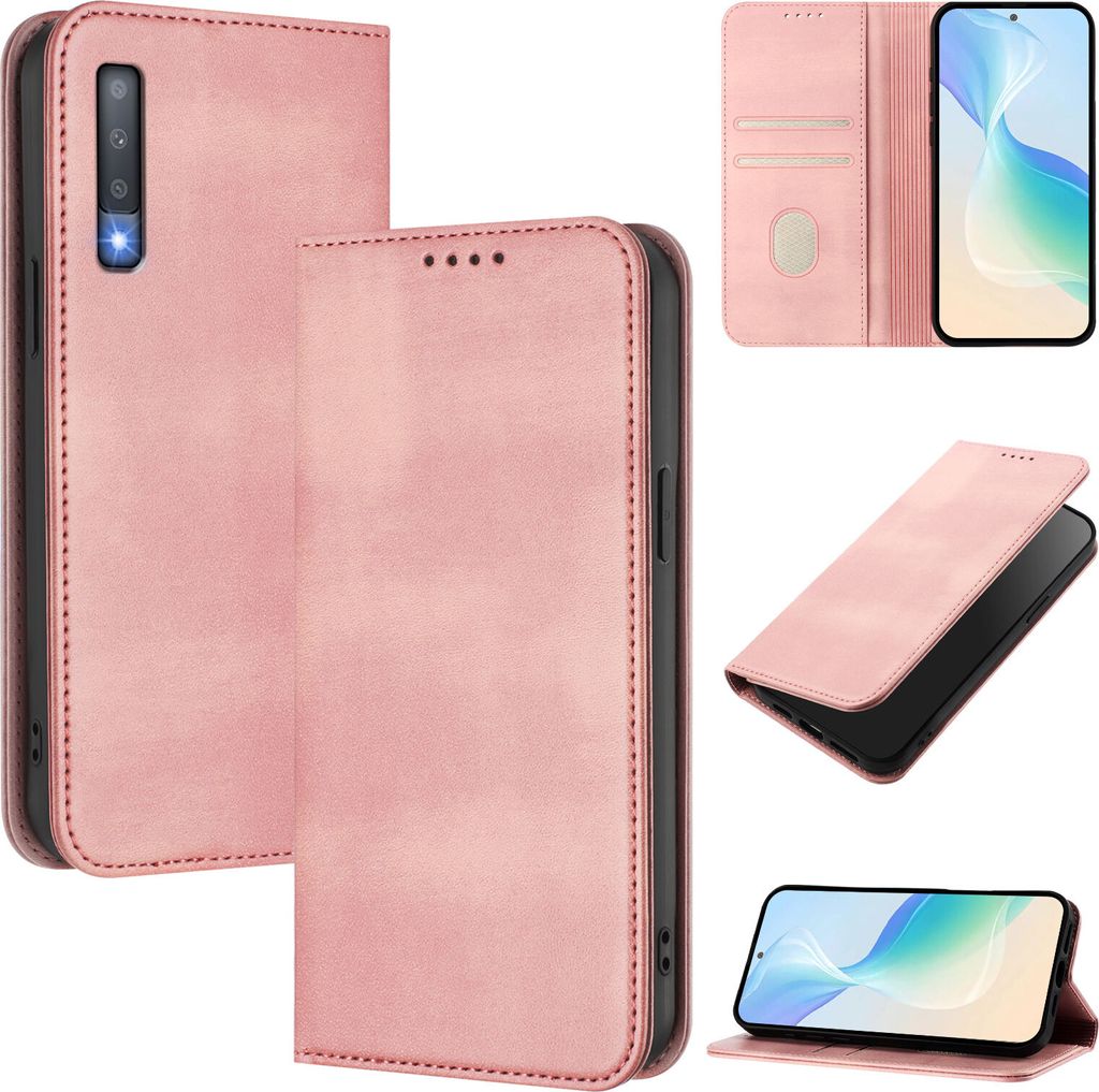 Handyhülle für Samsung Galaxy A7 2018, Vintage Leder RFID Schutz Kartenfach Standfunktion Magnetische Klapphülle Pink
