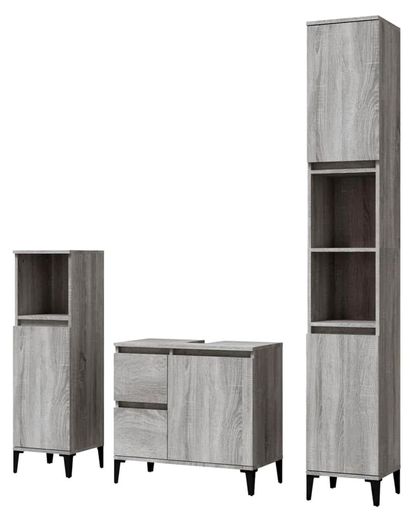 Badmöbel Set 3-teilig, Badschrank mit Metallfüßen, Badezimmer Unterschrank, Hochschrank und Midischrank in Grau Sonoma Holzwerkstoff