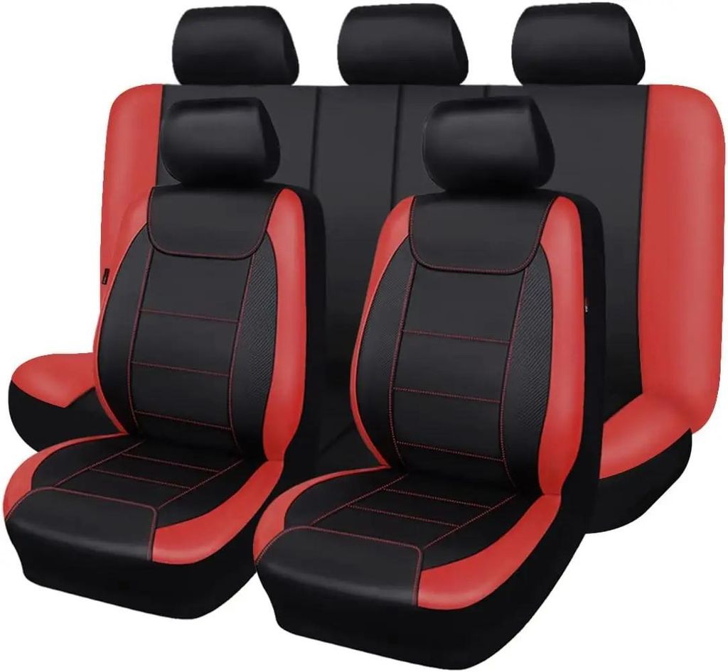 Autositzbezüge 9-teiliges Set - Universale Autositzauflagen - Polyester - Für Alle Jahreszeiten - Strapazierfähig - Einfache Montage - Schwarz Rot