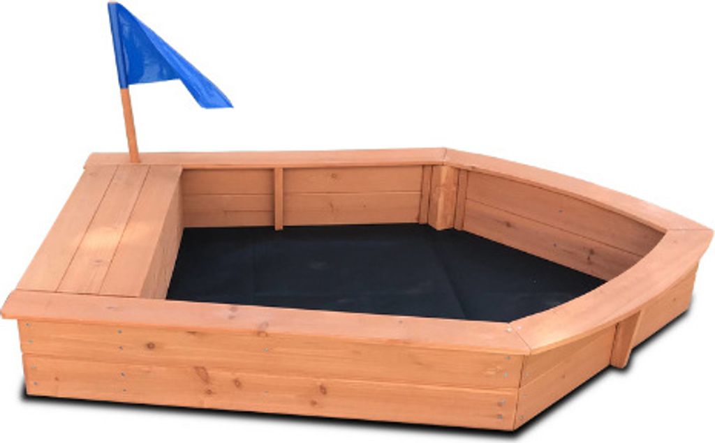 Rijoka Sandkasten aus Holz Boot – Inkl. Bodenplane – Sitzbank mit Ablagefach – 1600x1150x220mm