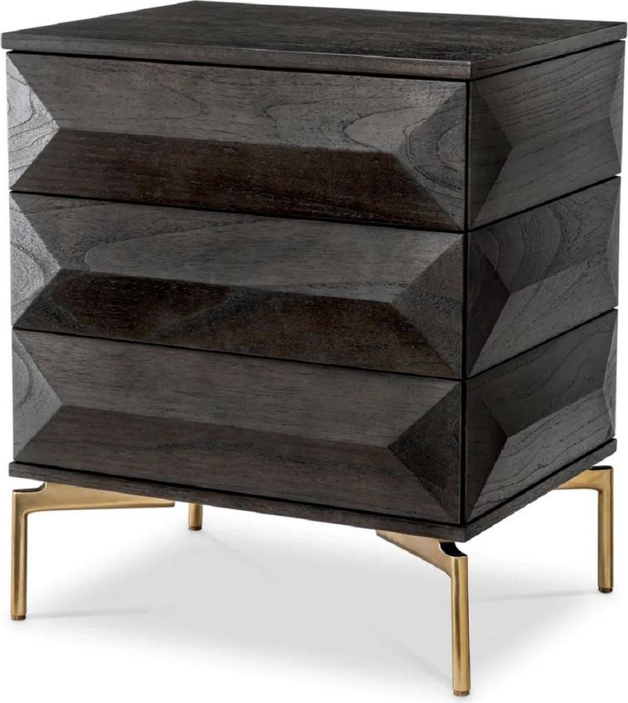 Casa Padrino Luxus Nachttisch Mokka / Messing 64 x 48 x H. 72 cm - Massivholz Beistelltisch mit 3 Schubladen - Schlafzimmer Möbel - Luxus Möbel -...