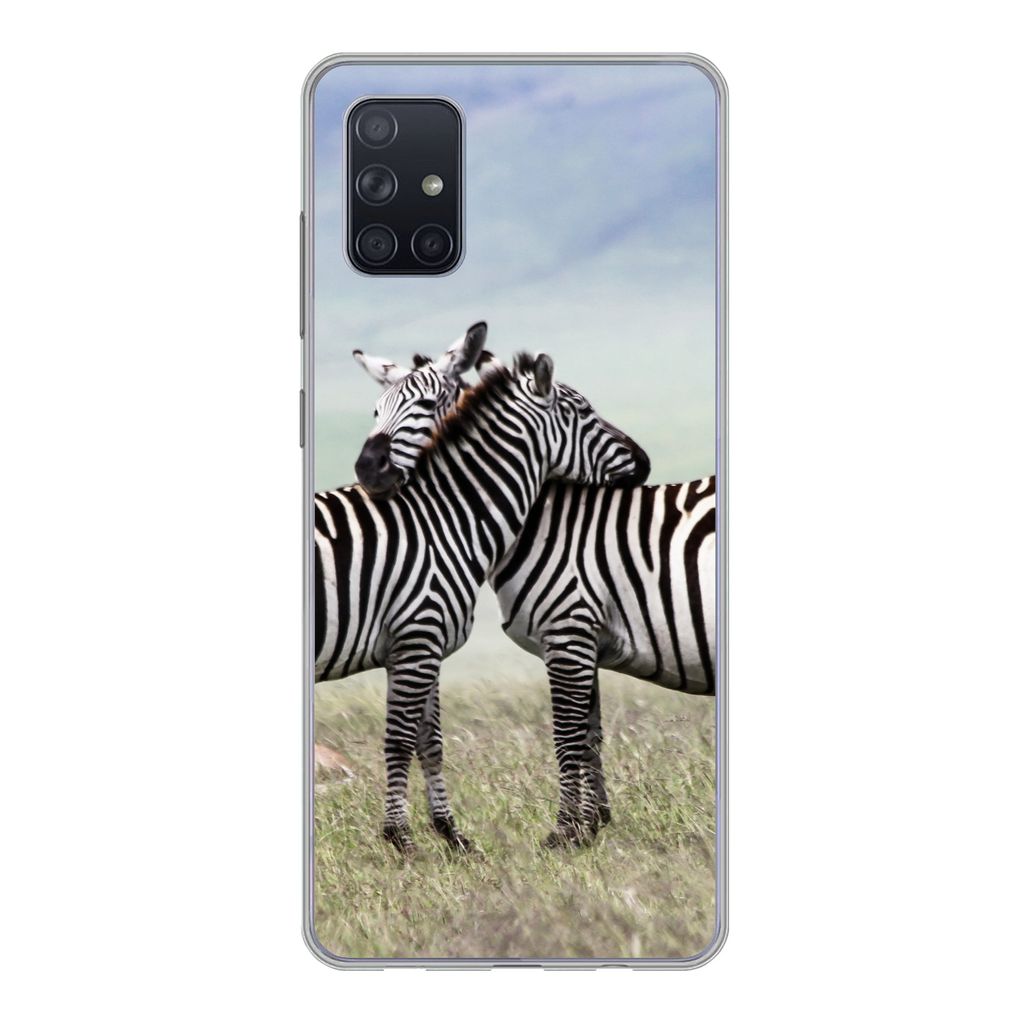 MuchoWow Handyhülle Schutzhülle Hülle für Samsung Galaxy A71 Zebras - Gras - Schwarz - Weiß Silikon Softcase Handy Hülle - Kartenbesitzer
