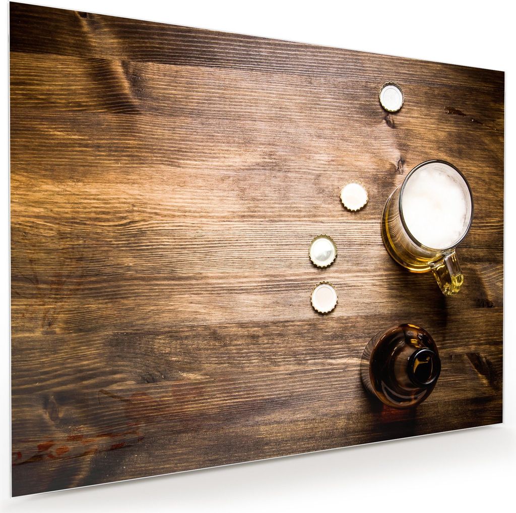 Glasbild Wandbild Bierglas auf Holztisch 120x90cm in XXL für Wohnzimmer, Schlafzimmer, Badezimmer, Flur