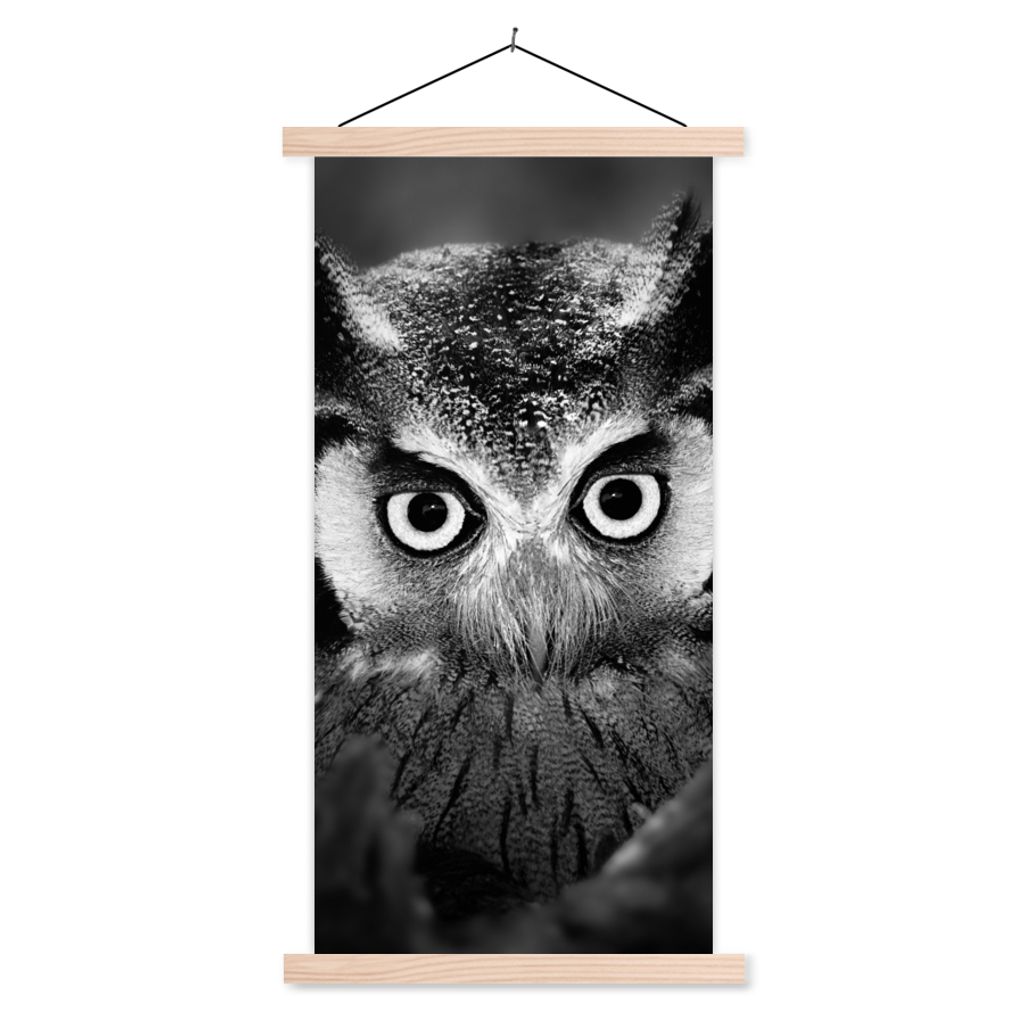 MuchoWow Textilposter Vogel - Eule - Porträt - Schwarz - Weiß 60x120 cm mit holzfarbenen Rahmen - Holz