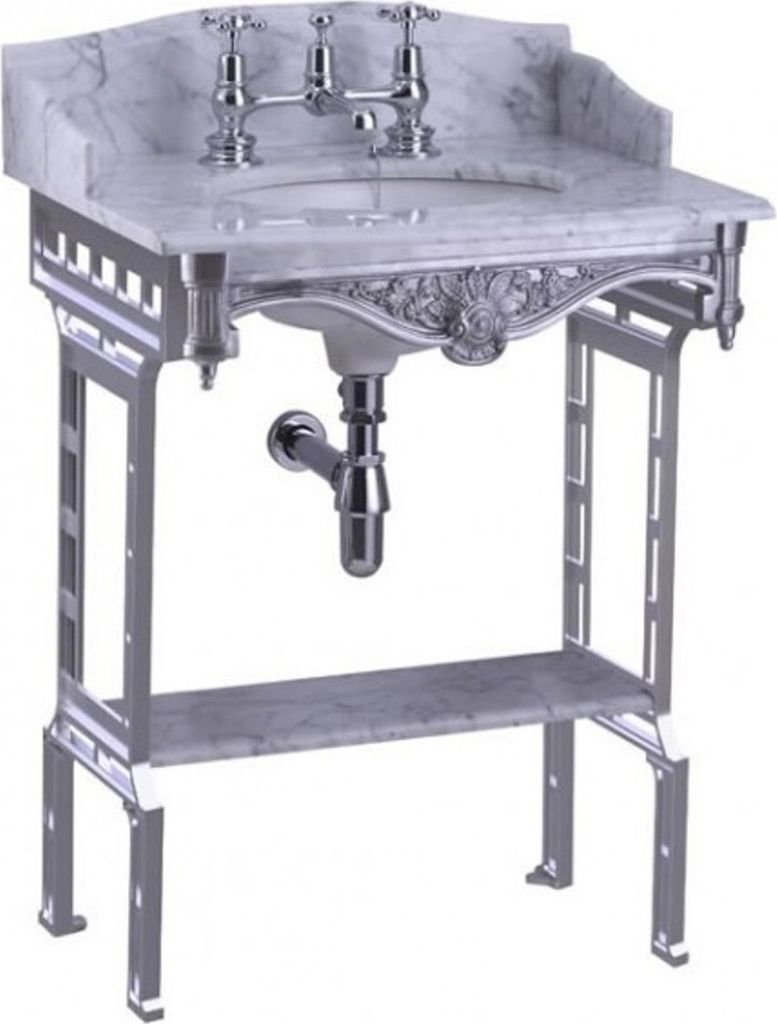 Casa Padrino Luxus Jugendstil Stand Waschtisch Weiß / Aluminium mit Marmorplatte mit Spritzschutz hinten, seitlich und Ablage Barock Waschbecken B...