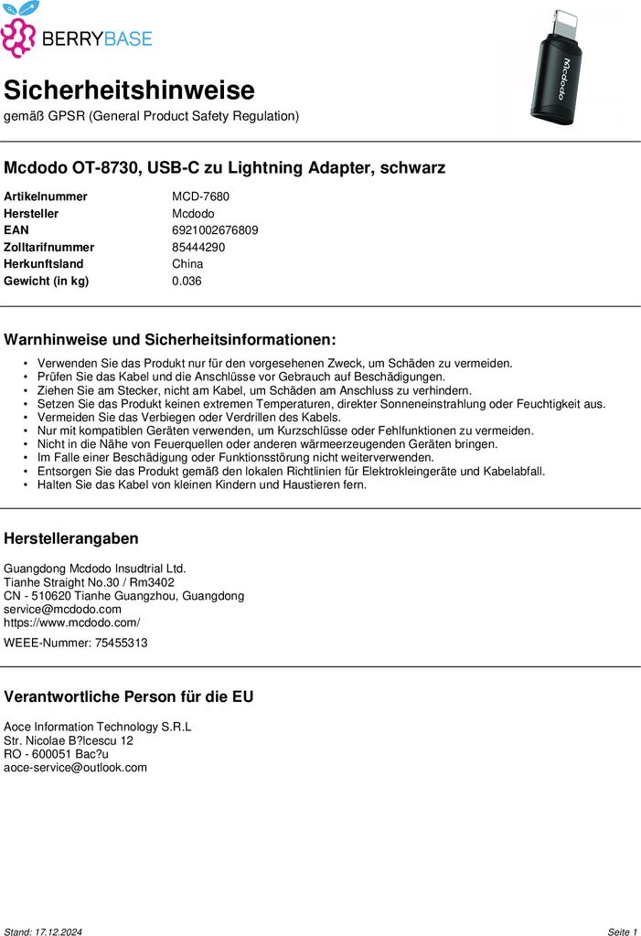USB-C-auf-Lightning-Adapter, Mcdodo OT-7680 (černý) Obrázek produktu 14