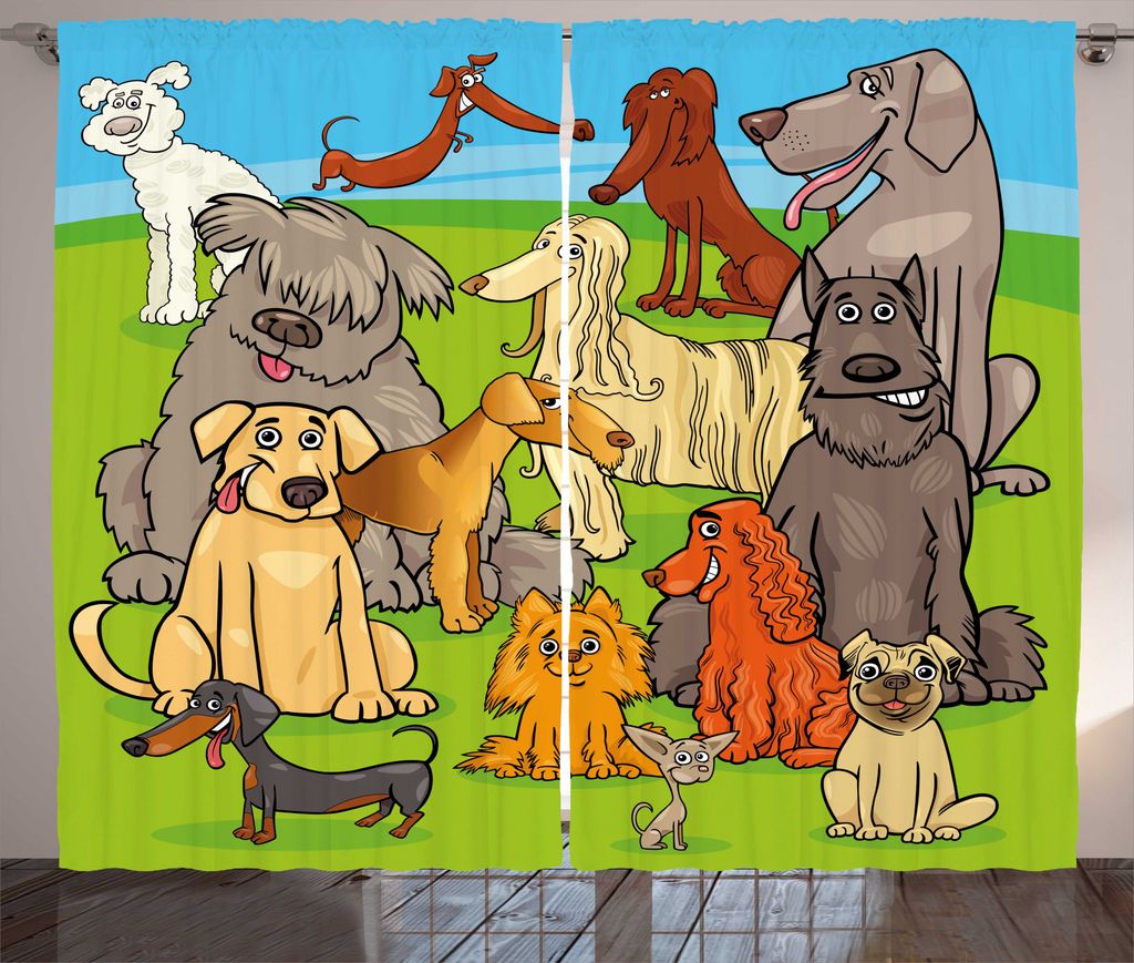 ABAKUHAUS Karikatur Rustikaler Gardine, Nursery Lustige glückliche Hunde, Wohnzimmer Universalband Gardinen mit Schlaufen und Haken, 280 x 225 cm,...