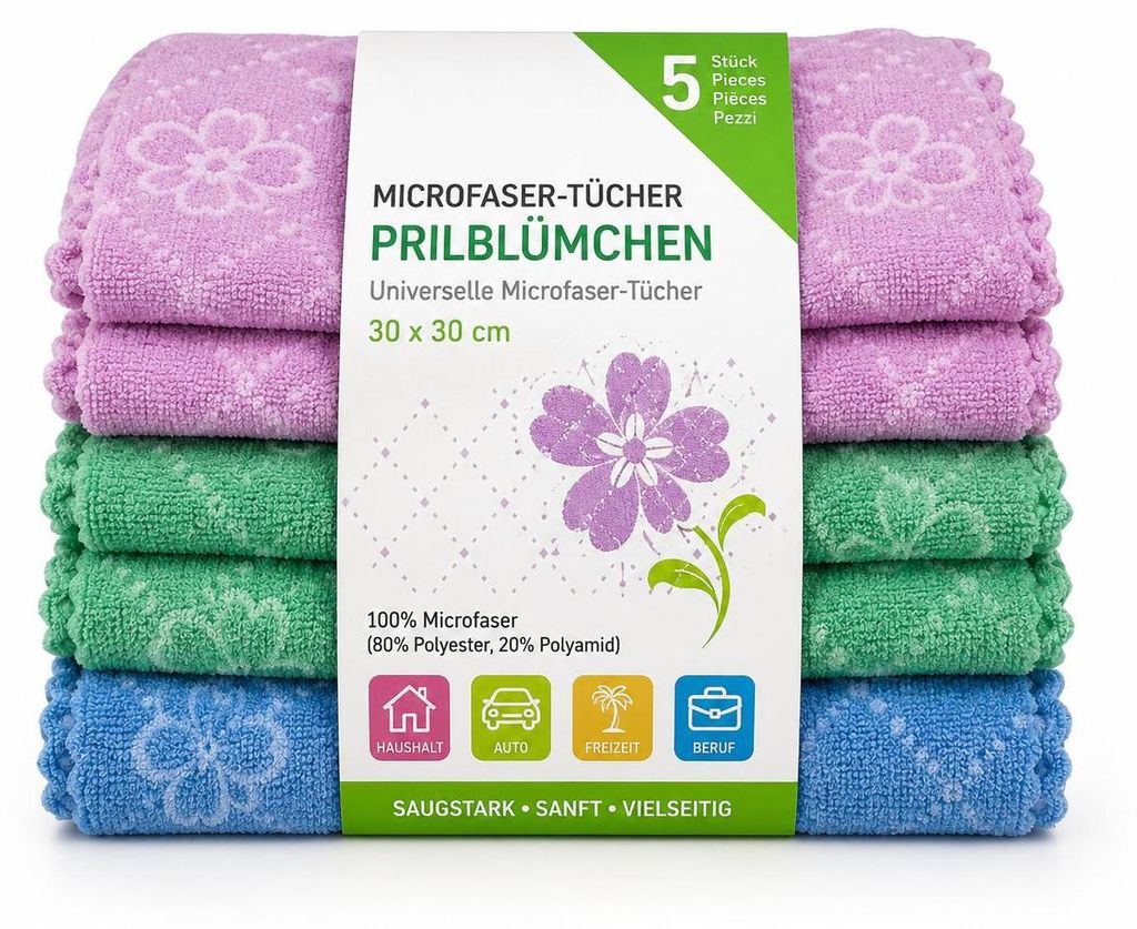 Microfasertücher 5 Stück 30 x 30 cm Prilblümchen für Produktbild  KI-generiertes Bild