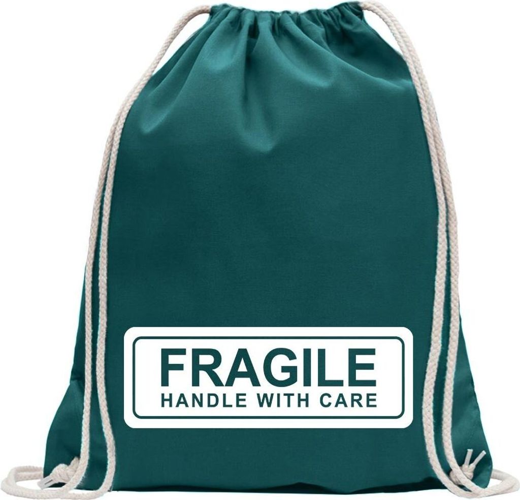 Kiwistar - Turnbeutel - petrol - Fragile - Handle with Care - Fun Rucksack Sport Beutel Gymsack Baumwolle mit Ziehgurt