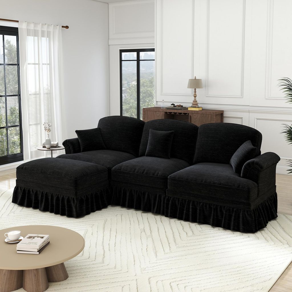 Mid-Century L-förmiges 3-Sitzer Sofa aus Chenille mit Trichter-Armlehnen,abnehmbarer Rüschenschürze–Tiefer Sitzkomfort fürs Wohnzimmer,Schwarz