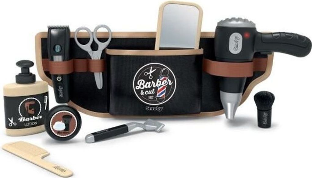 Smoby Friseur-Set Gürtel für Kinder, Verstellbar, mit 10 Zubehörteilen, Mechanischer Haarschneider, Elektronischer Haartrockner, Ab 3 Jahren