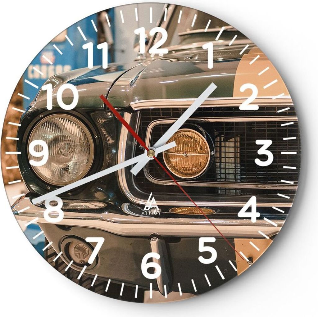 Wanduhr - Rund - Glasuhr - Abdeckung Ford Mustang - 40x40cm - Schleichendes Uhrwerk - Lautlos - zum Aufhängen bereit - Dekoration Modern - Wanddek...