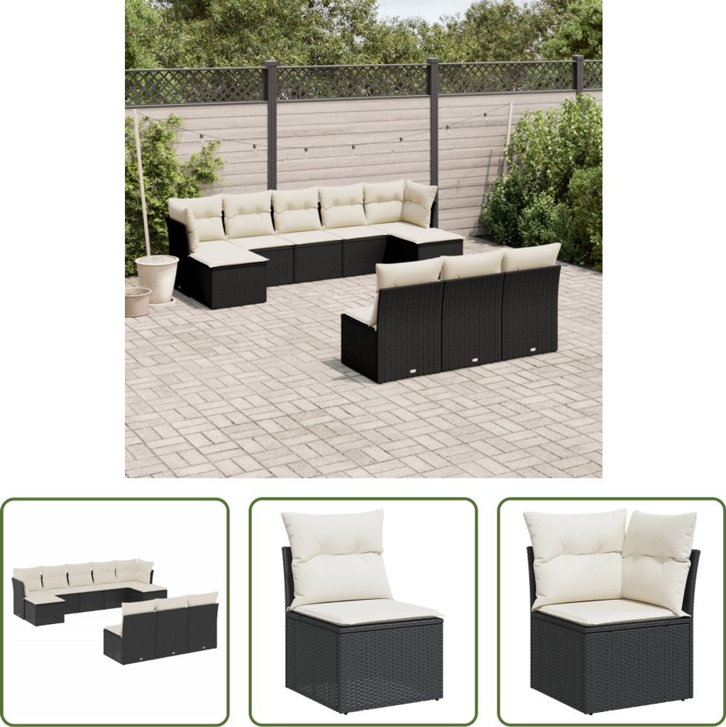 The Living Store 10-tlg. Garten-Sofagarnitur mit Kissen Schwarz Poly Rattan
