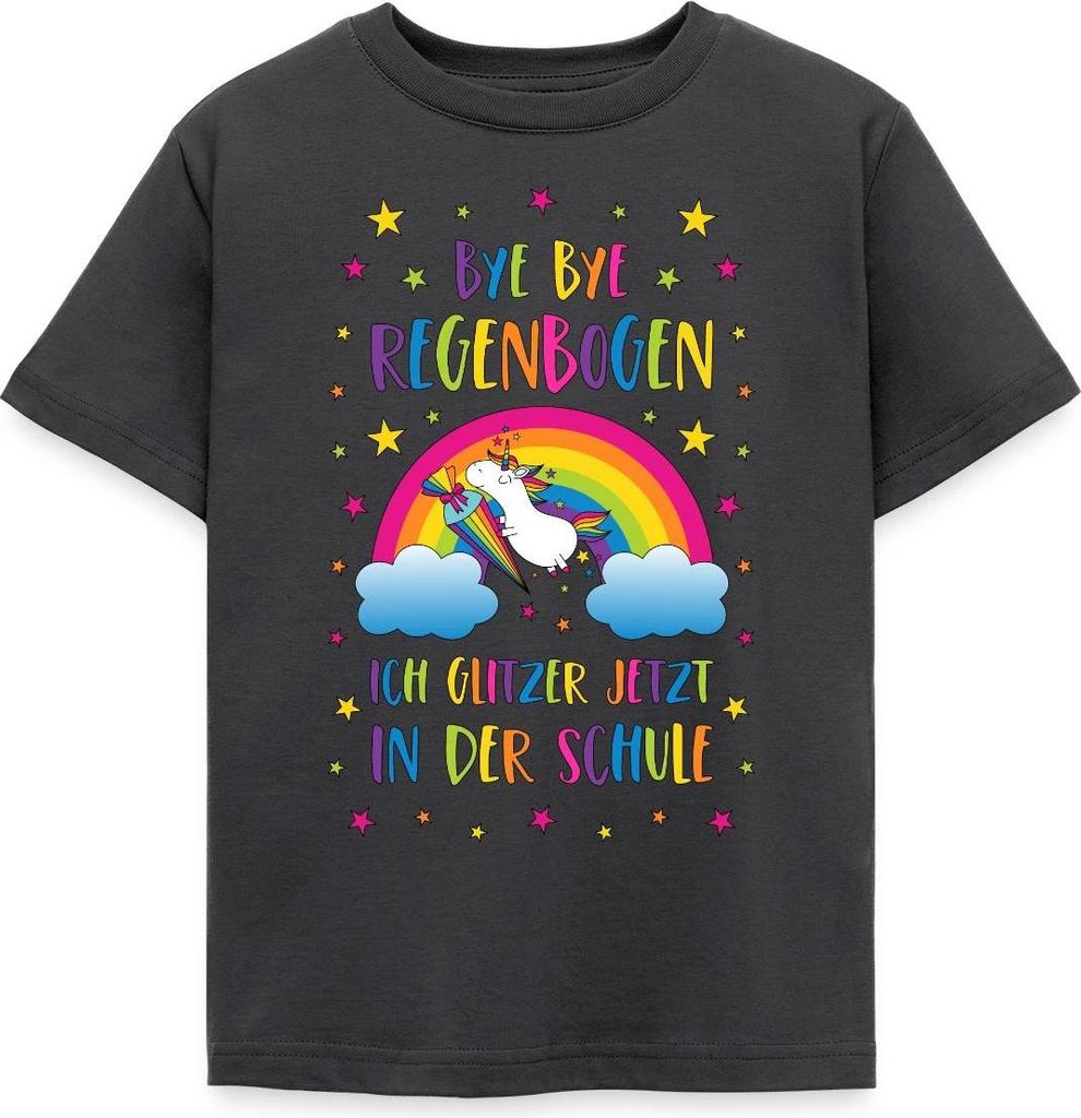 Spreadshirt Bye Bye Regenbogen Einhorn Einschulung Kinder T-Shirt, 122/128 (7-8 Jahre), Dunkelgrau