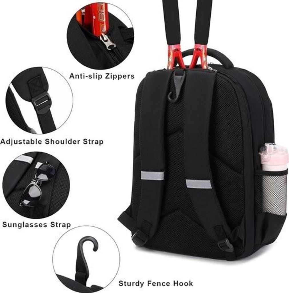 Tennisrucksack, Tennistasche für Damen und Herren, Tennistasche für 2 Schläger, Badminton-, Squash- und Pickleball-Schlägerbälle