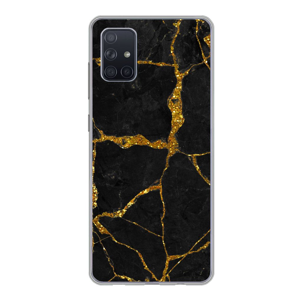 MuchoWow Handyhülle Schutzhülle Hülle für Samsung Galaxy A71 Marmor - Gold - Schwarz - Marmoroptik - Glitter Silikon Softcase Handy Hülle - ...