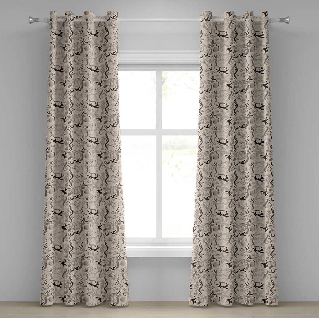 ABAKUHAUS Beige Ösenvorhang, Moderne Illustration Von Meerestieren Im Retro Stil Octopus Crab Seahorse Art, Dekorative 2-Panel-Fenstervorhänge, 2...