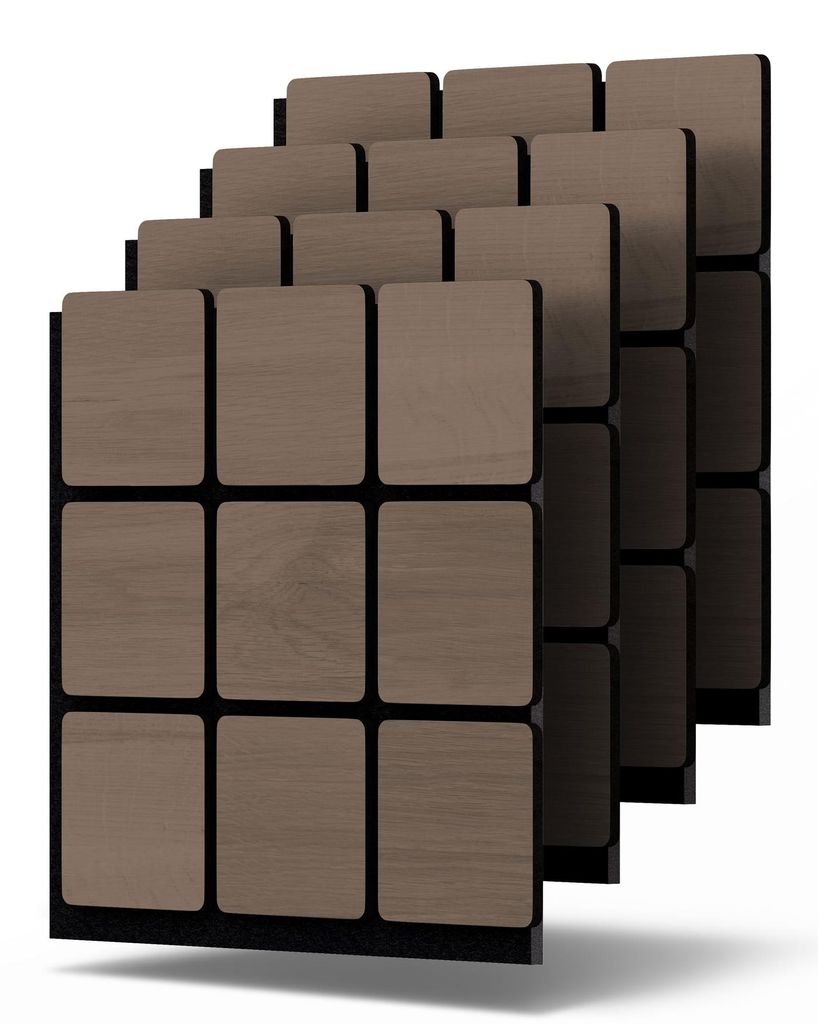 Dalsys 4x Akustikpaneele Holz 60x60cm mit 3D-Quadrat-Muster Walnuss - Wandpaneele Holz für Schallschutz in Arbeits- & Wohnräumen - Akustik Paneel...